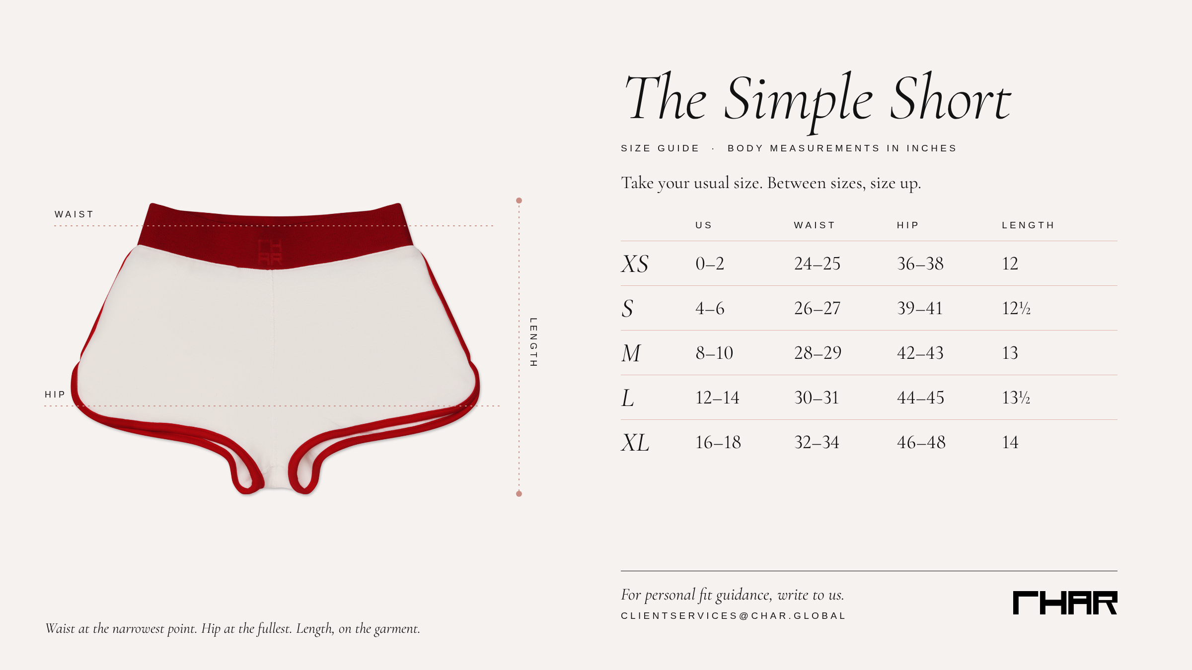 Simple Short size chart